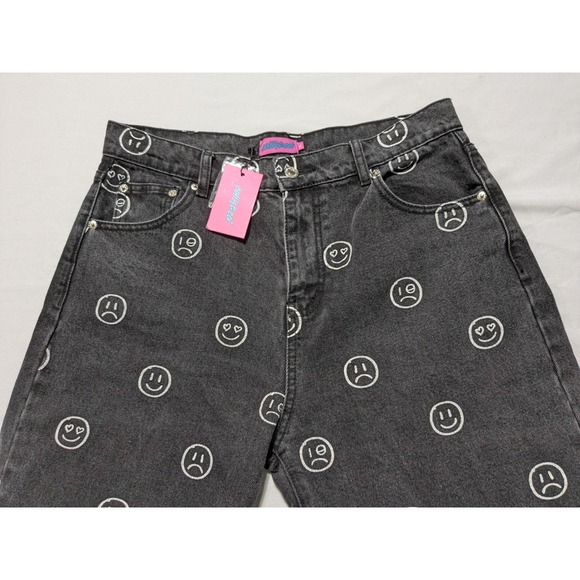 EDIKTED MOODY EMOJI AOP Women Size XL Wide-Leg Black Washed Denim Jeans NEW - Picture 3 of 15